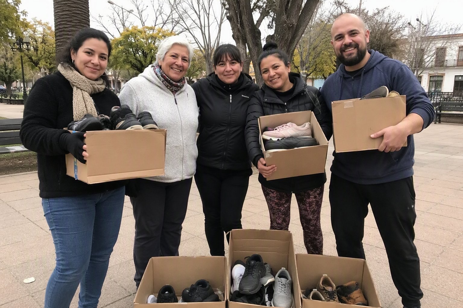 Grupo de voluntarias y voluntarios con cajas de calzado donado en una plaza