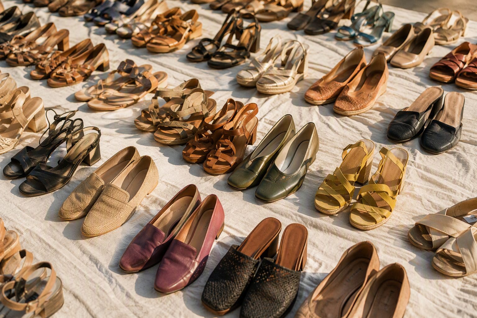 Pares de sandalias, mules, tacos y zapatos frescos de verano ordenados en filas